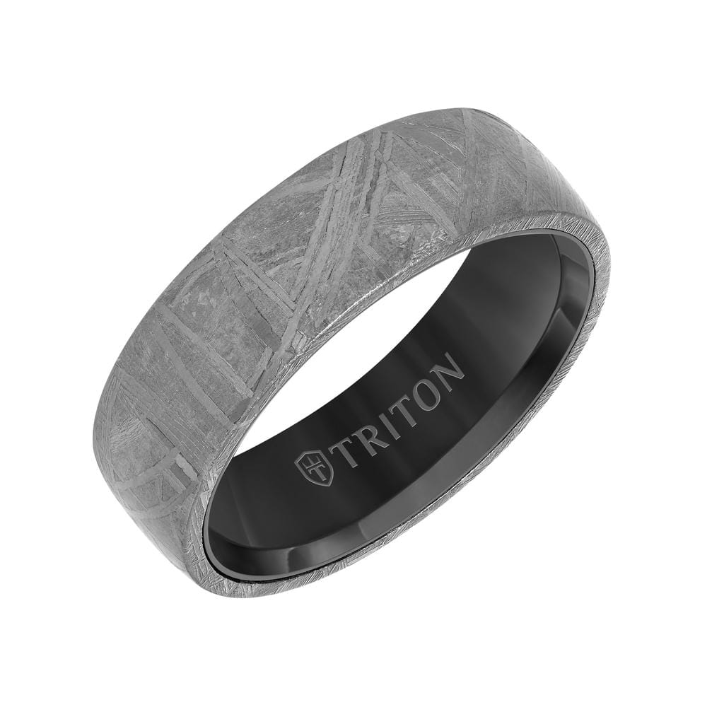 8MM Black Tungsten Carbide Ring - Meteorite Low Dome with Flat Edge
