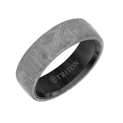8MM Black Tungsten Carbide Ring - Meteorite Low Dome with Flat Edge