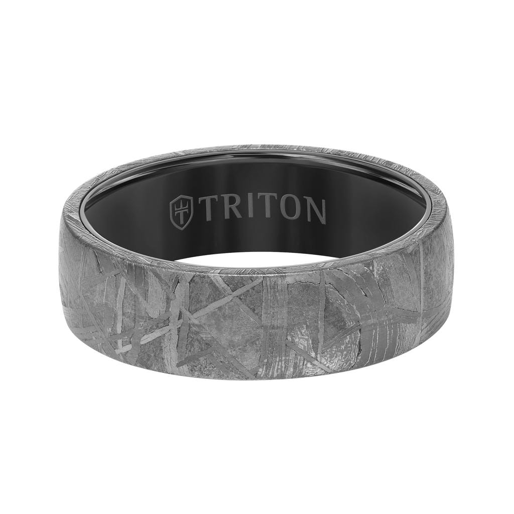 8MM Black Tungsten Carbide Ring - Meteorite Low Dome with Flat Edge