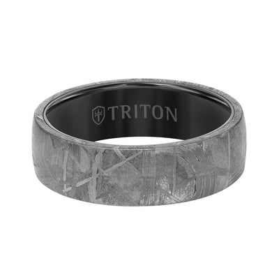 8MM Black Tungsten Carbide Ring - Meteorite Low Dome with Flat Edge