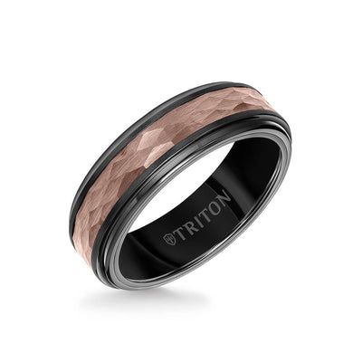 7MM Espresso Tungsten Carbide Ring - Hammered Center and Step Edge