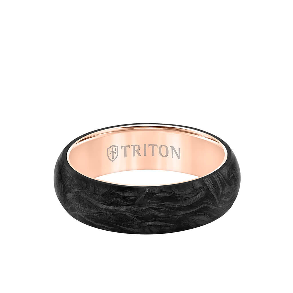 6MM 14K Rose Gold Ring + Forged Carbon - Dome Profile with 14K Gold Interior