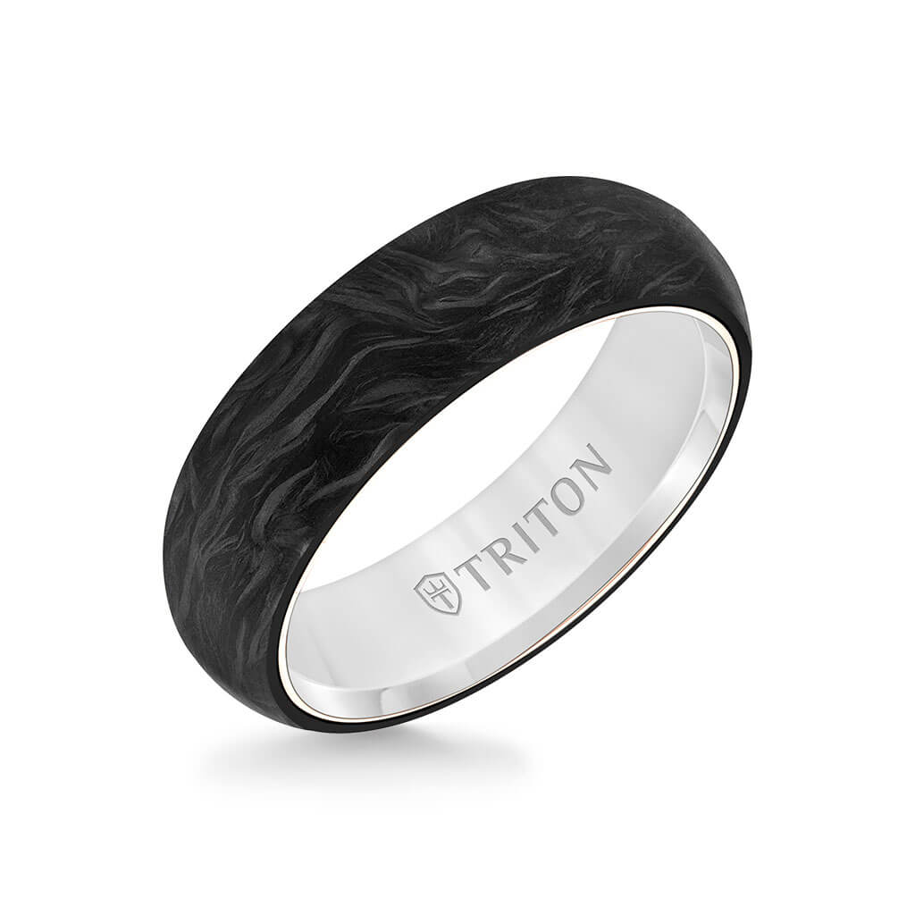 6MM 14K White Gold Ring + Forged Carbon - Dome Profile with 14K Gold Interior