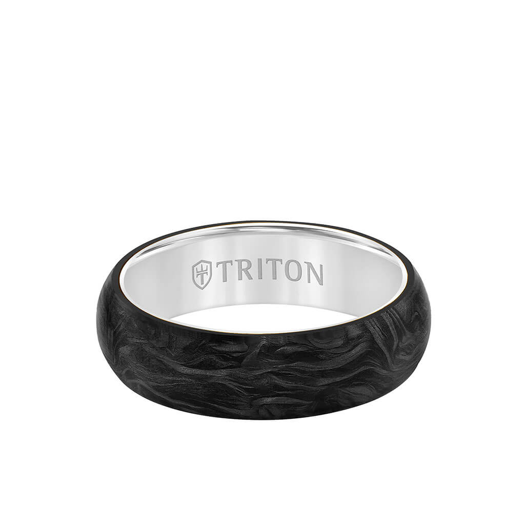 6MM 14K White Gold Ring + Forged Carbon - Dome Profile with 14K Gold Interior