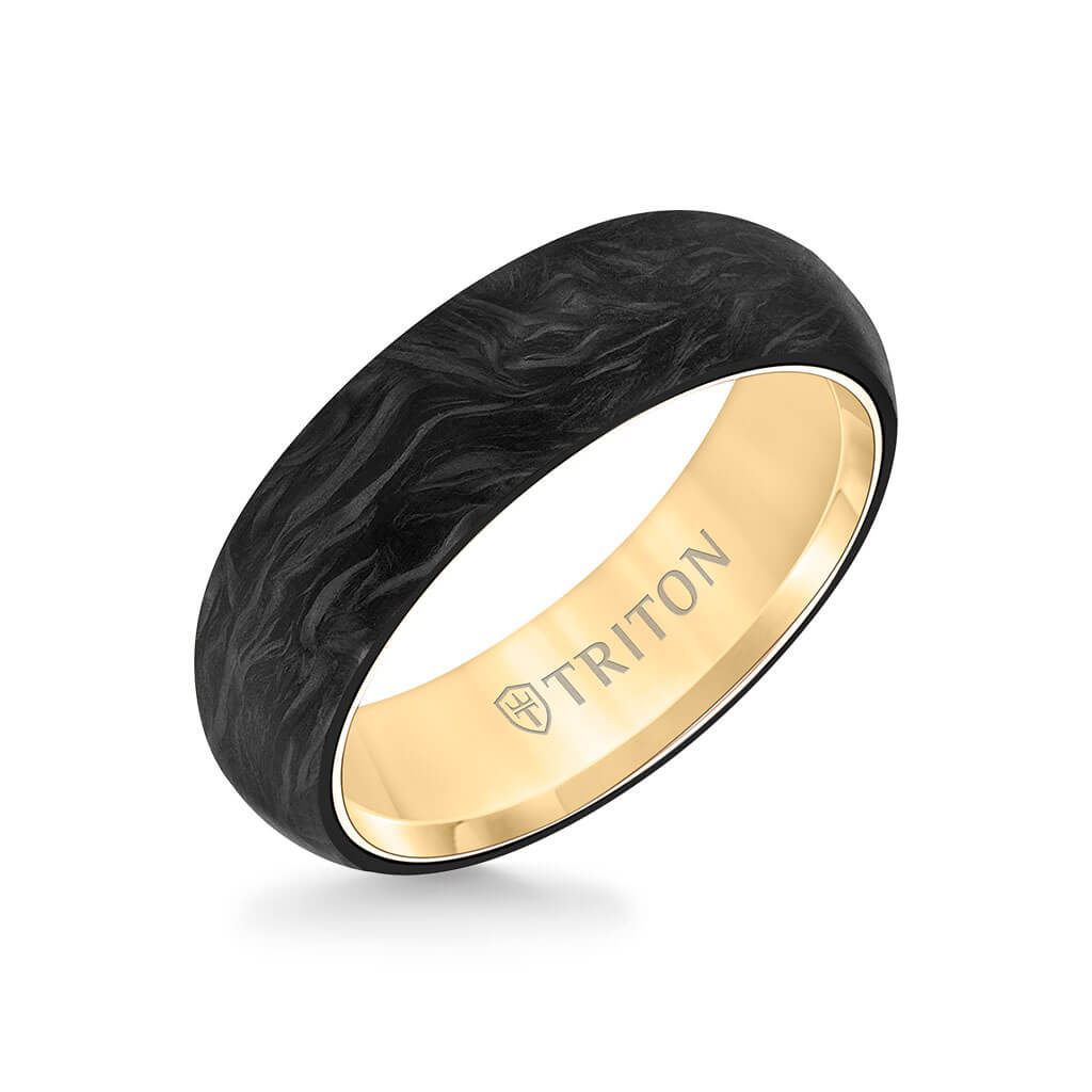 6MM 14K Yellow Gold Ring + Forged Carbon - Dome Profile with 14K Gold Interior