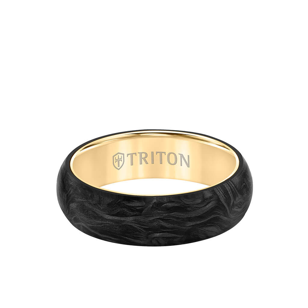 6MM 14K Yellow Gold Ring + Forged Carbon - Dome Profile with 14K Gold Interior