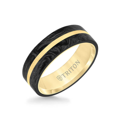 7MM 14K Gold Ring + Forged Carbon - Flat Profile and Center Channel