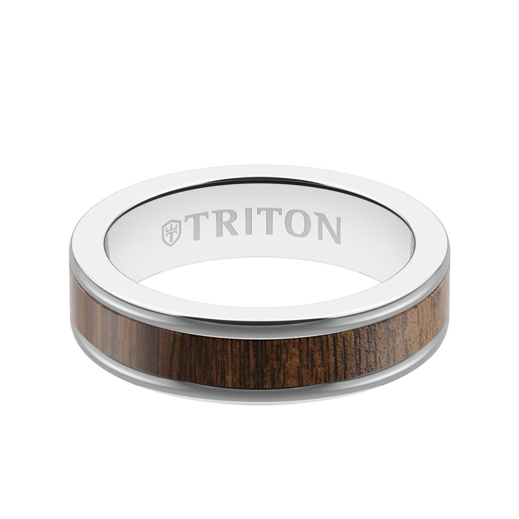 6MM White Tungsten Carbide Ring - Walnut Flat Insert with Round Edge