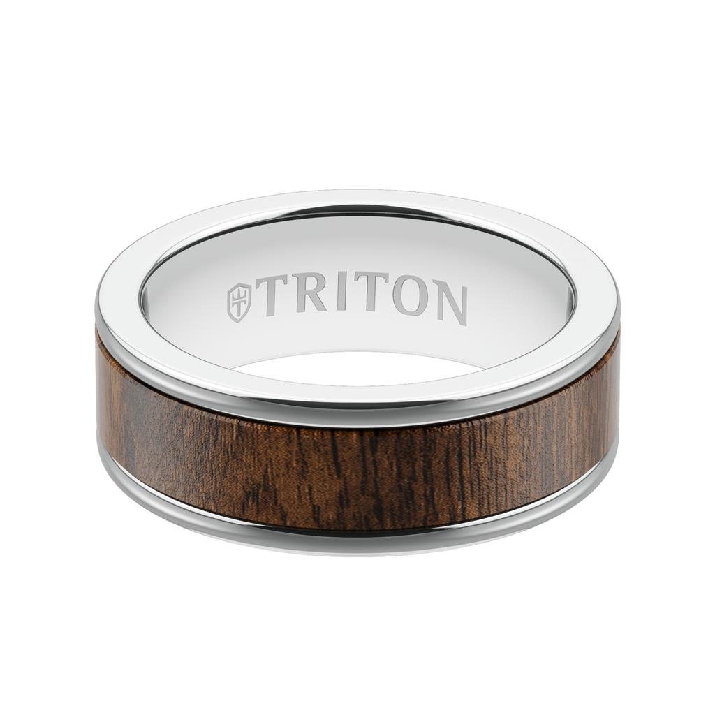 8MM White Tungsten Carbide Ring - Walnut Flat Insert with Round Edge
