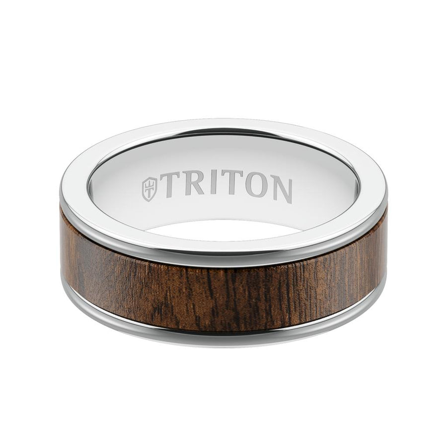 8MM White Tungsten Carbide Ring - Walnut Flat Insert with Round Edge