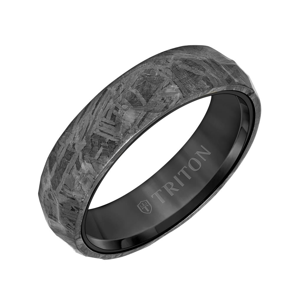 6MM Black Tungsten Carbide Ring - Hammered Meteorite Edge to Edge