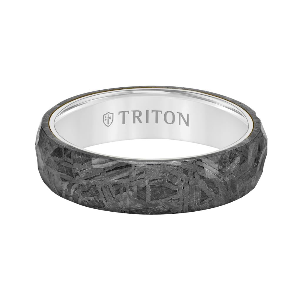 6MM Black Tungsten Carbide Ring - Hammered Meteorite Edge to Edge