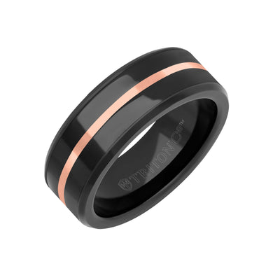 8MM Black Tungsten Carbide Ring - Ceramic C8 Inlay with  Center Line and Broken Edge