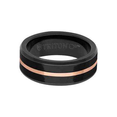 8MM Black Tungsten Carbide Ring - Ceramic C8 Inlay with  Center Line and Broken Edge