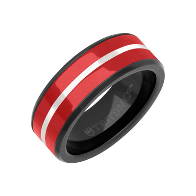 8MM Red Tungsten Carbide Ring - Ceramic C8 Inlay with  Center Line and Broken Edge