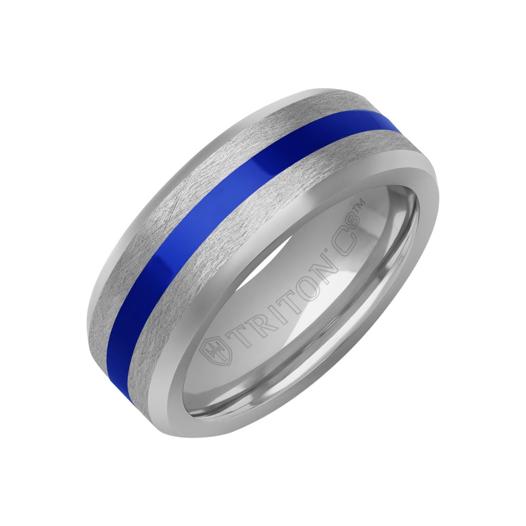 8MM Tungsten Carbide Ring - Center Ceramic C8 Channel and Bevel Edge