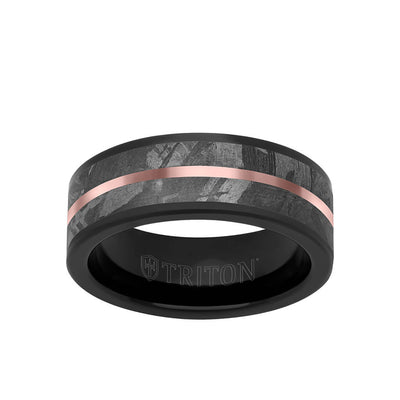 8MM Tungsten Carbide Ring - Meteorite Inlay with Center Line and Flat Edge