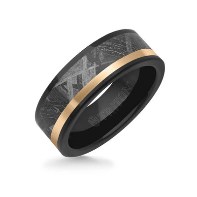 8MM Tungsten Carbide Ring - Meteorite Inlay with Asymmetrical Channel and Flat Edge