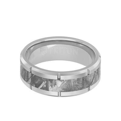 8MM Tungsten Carbide Ring - Meteorite Inlay with Link Edge