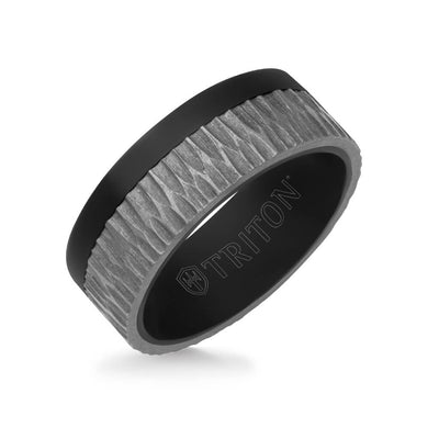 8MM Black Tantalum Ring - Brushed Grey Asymmetrical Inlay and Flat Edge