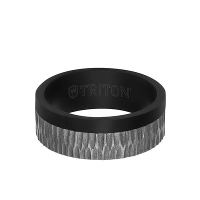 8MM Black Tantalum Ring - Brushed Grey Asymmetrical Inlay and Flat Edge