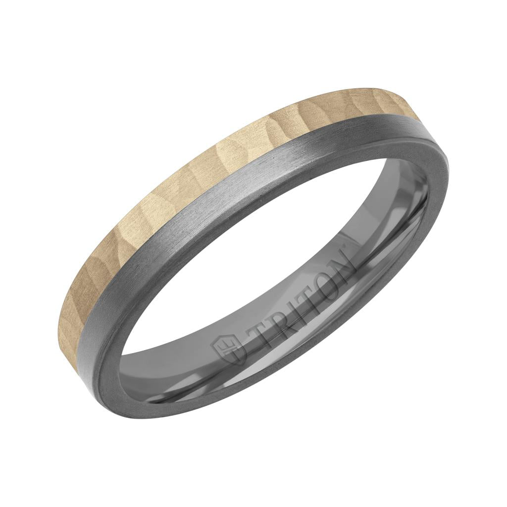 4MM Brushed Tantalum Ring and 14K Gold with Hammered Finish Split Inlay and Flat Edge