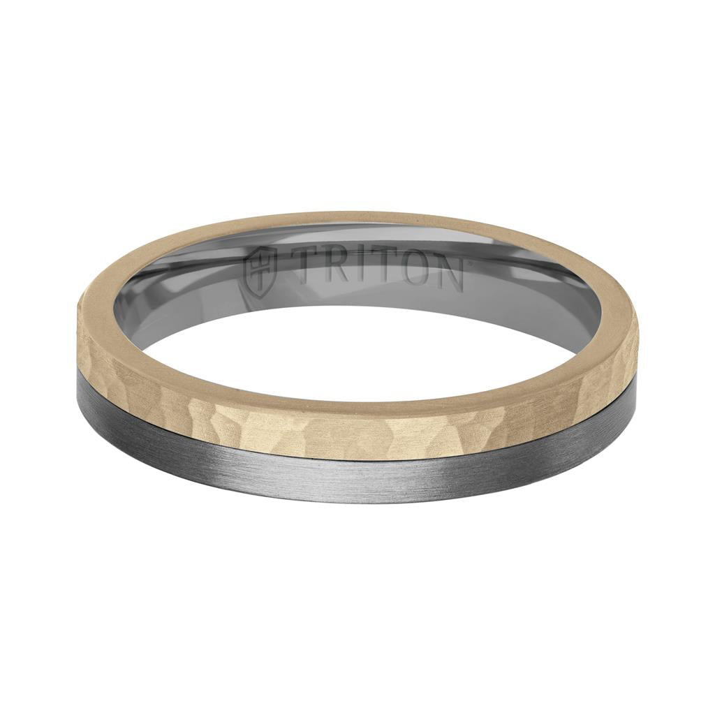 4MM Brushed Tantalum Ring and 14K Gold with Hammered Finish Split Inlay and Flat Edge