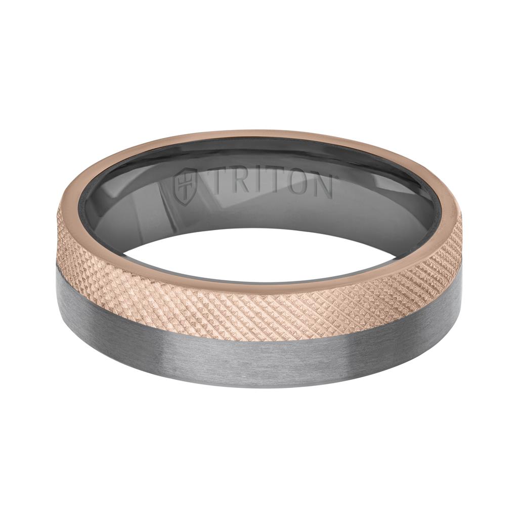6MM Brushed Tantalum Ring and 14K Gold with Florentine Finish Split Inlay and Flat Edge