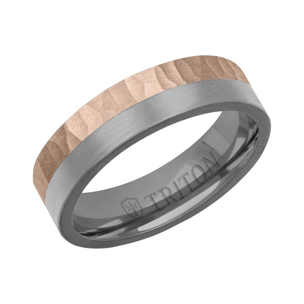 6MM Brushed Tantalum Ring and 14K Gold with Hammered Finish Split Inlay and Flat Edge
