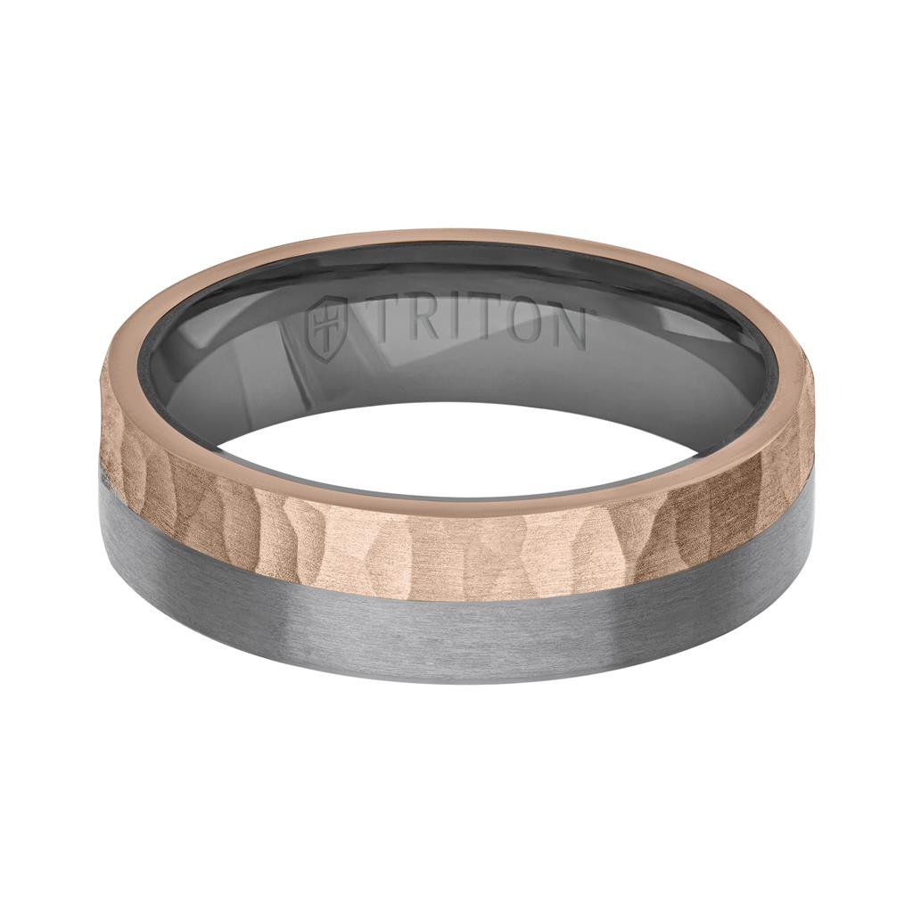 6MM Brushed Tantalum Ring and 14K Gold with Hammered Finish Split Inlay and Flat Edge