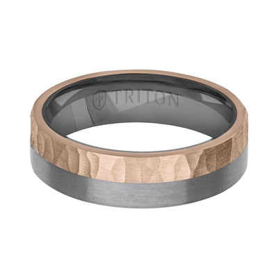 6MM Brushed Tantalum Ring and 14K Gold with Hammered Finish Split Inlay and Flat Edge