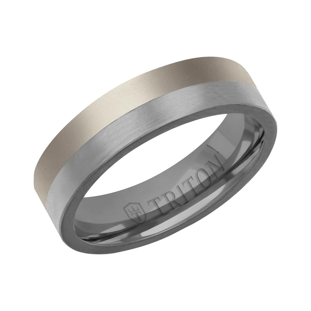 6MM Brushed Tantalum Ring and 14K Gold with Softsand Finish Split Inlay and Flat Edge