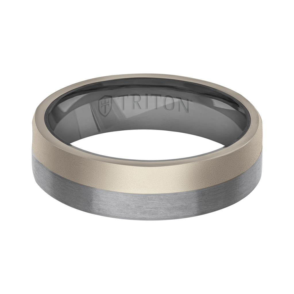 6MM Brushed Tantalum Ring and 14K Gold with Softsand Finish Split Inlay and Flat Edge