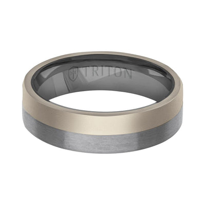 6MM Brushed Tantalum Ring and 14K Gold with Softsand Finish Split Inlay and Flat Edge