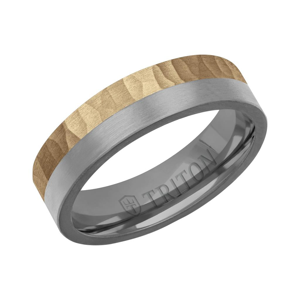 6MM Brushed Tantalum Ring and 14K Gold with Hammered Finish Split Inlay and Flat Edge