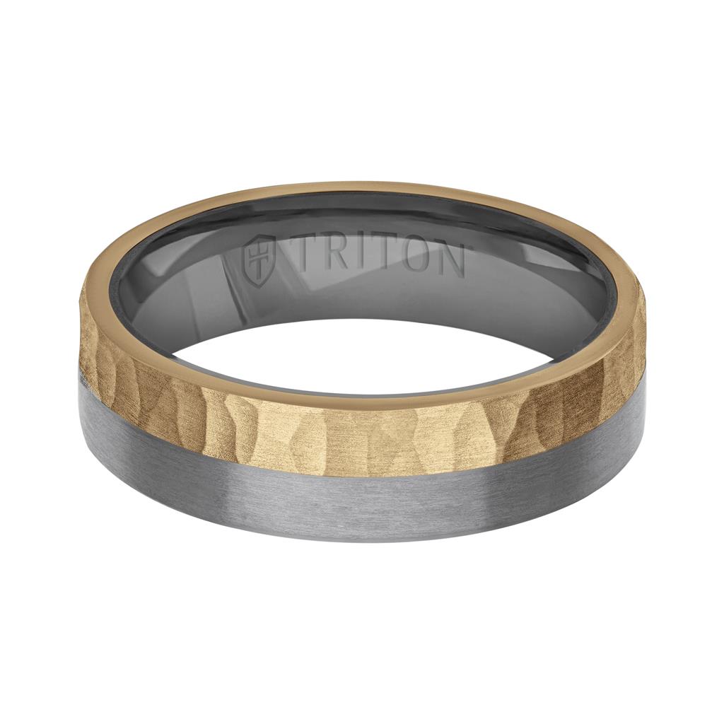 6MM Brushed Tantalum Ring and 14K Gold with Hammered Finish Split Inlay and Flat Edge