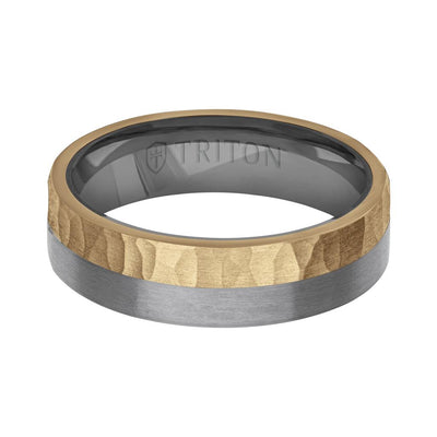 6MM Brushed Tantalum Ring and 14K Gold with Hammered Finish Split Inlay and Flat Edge