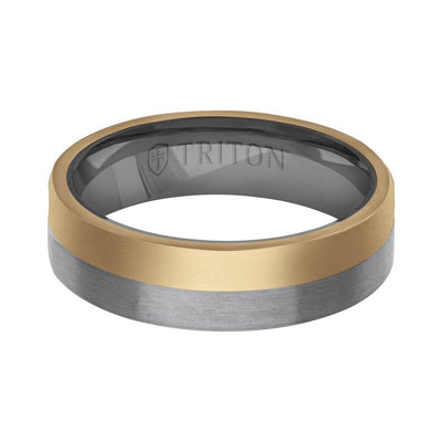 6MM Brushed Tantalum Ring and 14K Gold with Softsand Finish Split Inlay and Flat Edge