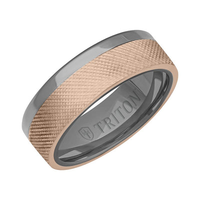 7MM Polished Tantalum Ring - Asymmetrical 14K Gold with Florentine Finish Inlay and Flat Edge