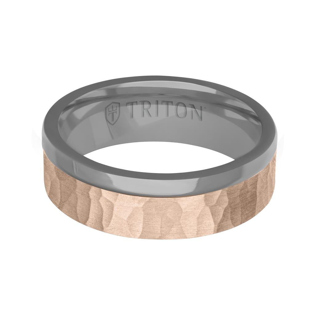 7MM Polished Tantalum Ring - Asymmetrical 14K Gold with Hammered Finish Inlay and Flat Edge