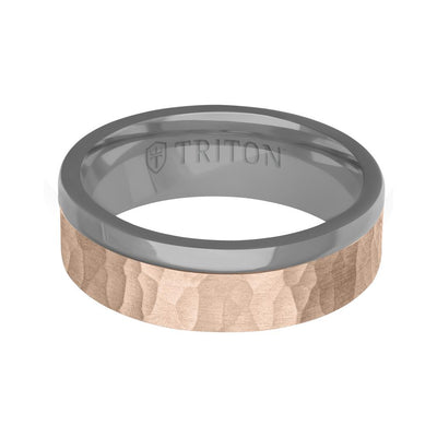 7MM Polished Tantalum Ring - Asymmetrical 14K Gold with Hammered Finish Inlay and Flat Edge