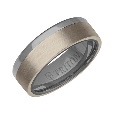 7MM Polished Tantalum Ring - Asymmetrical 14K Gold with Brushed Finish Inlay and Flat Edge