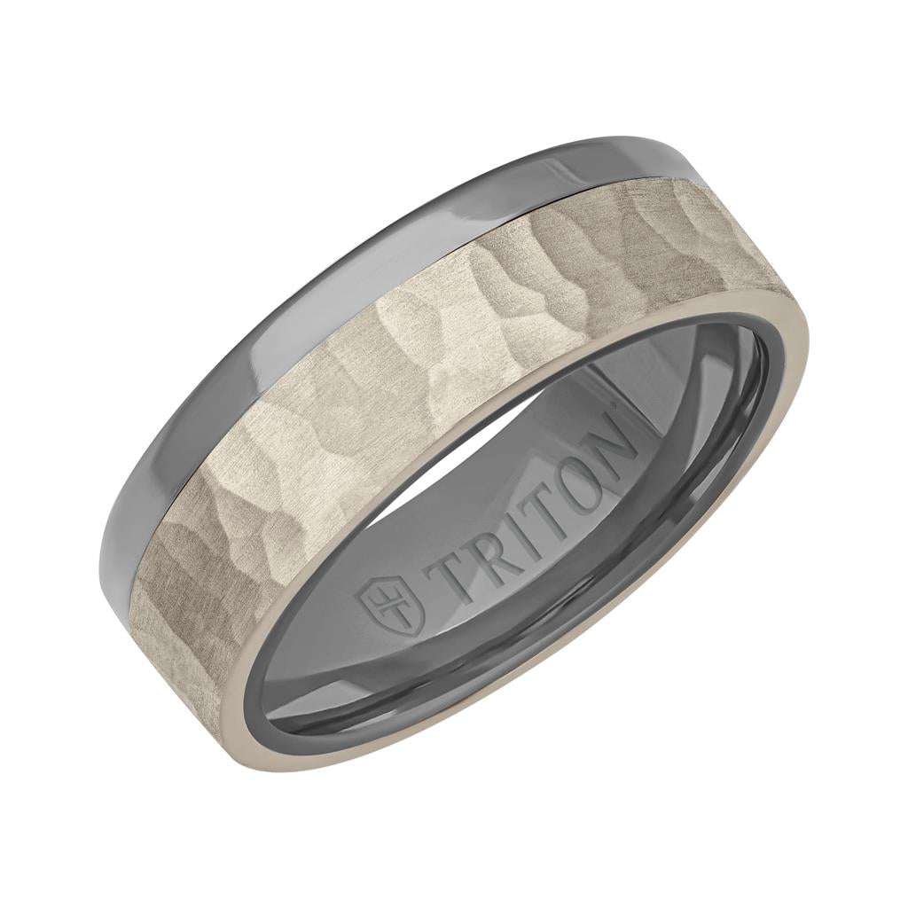 7MM Polished Tantalum Ring - Asymmetrical 14K Gold with Hammered Finish Inlay and Flat Edge