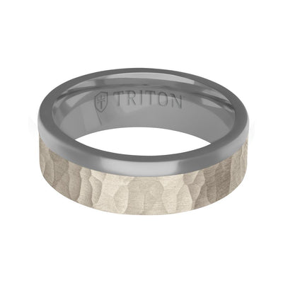 7MM Polished Tantalum Ring - Asymmetrical 14K Gold with Hammered Finish Inlay and Flat Edge