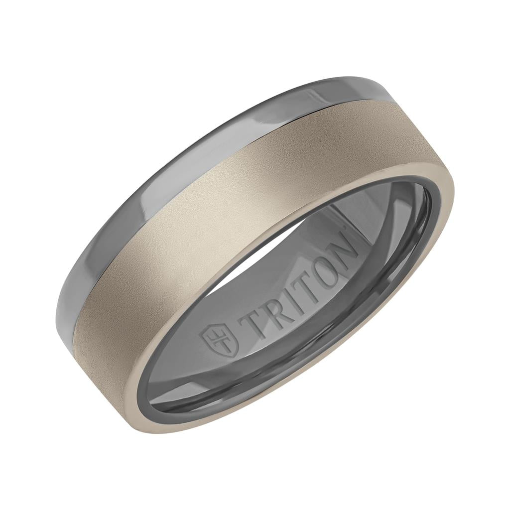 7MM Polished Tantalum Ring - Asymmetrical 14K Gold Soft Sand Finish Inlay and Flat Edge