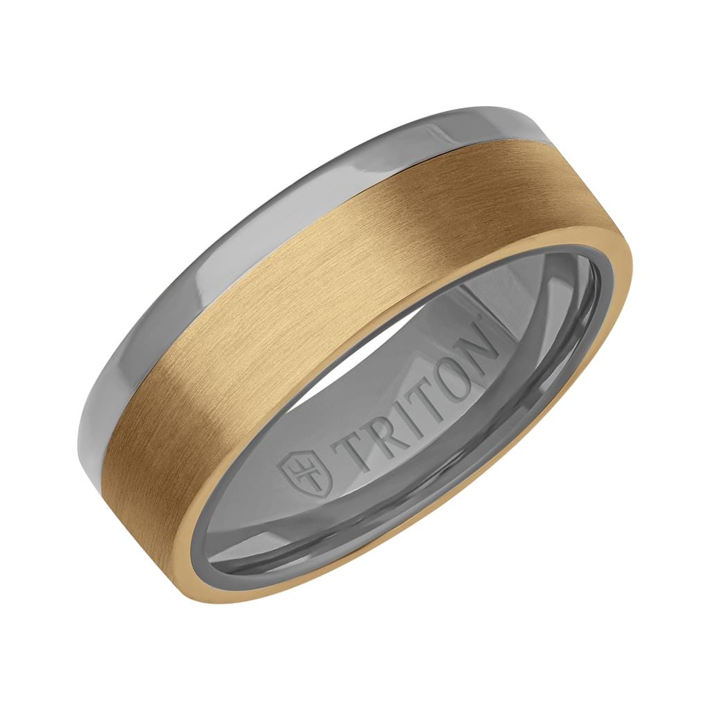 7MM Polished Tantalum Ring - Asymmetrical 14K Gold with Brushed Finish Inlay and Flat Edge