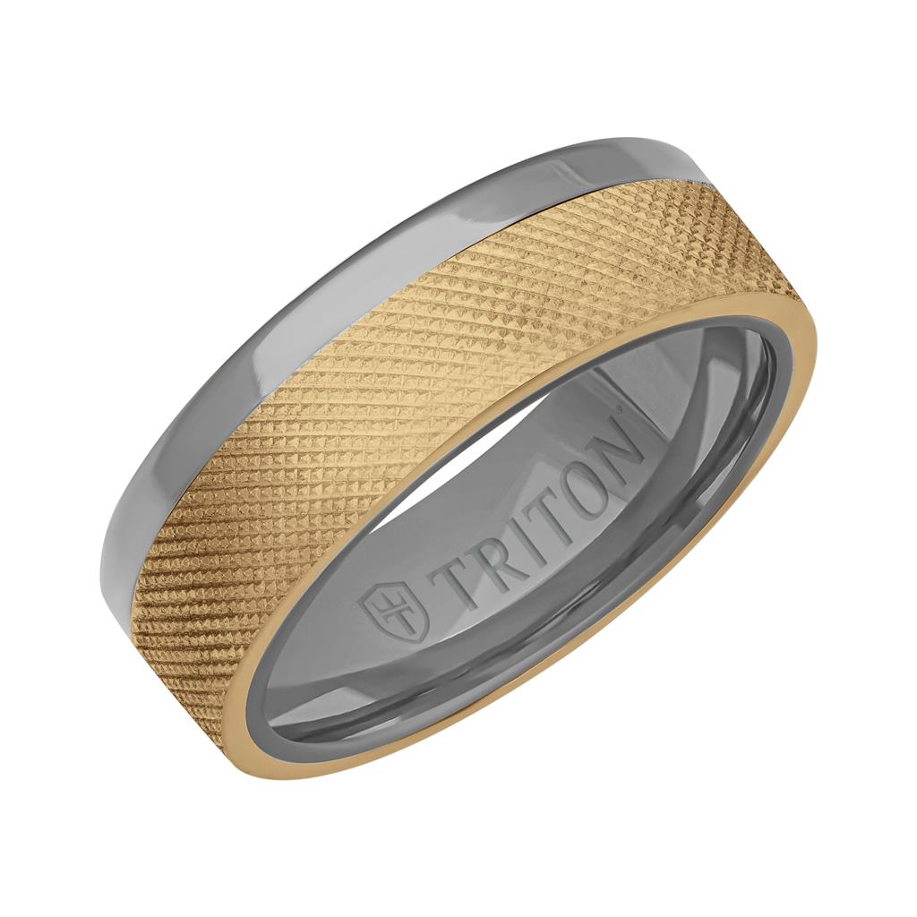 7MM Polished Tantalum Ring - Asymmetrical 14K Gold with Florentine Finish Inlay and Flat Edge