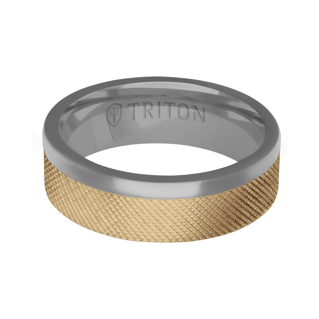 7MM Polished Tantalum Ring - Asymmetrical 14K Gold with Florentine Finish Inlay and Flat Edge