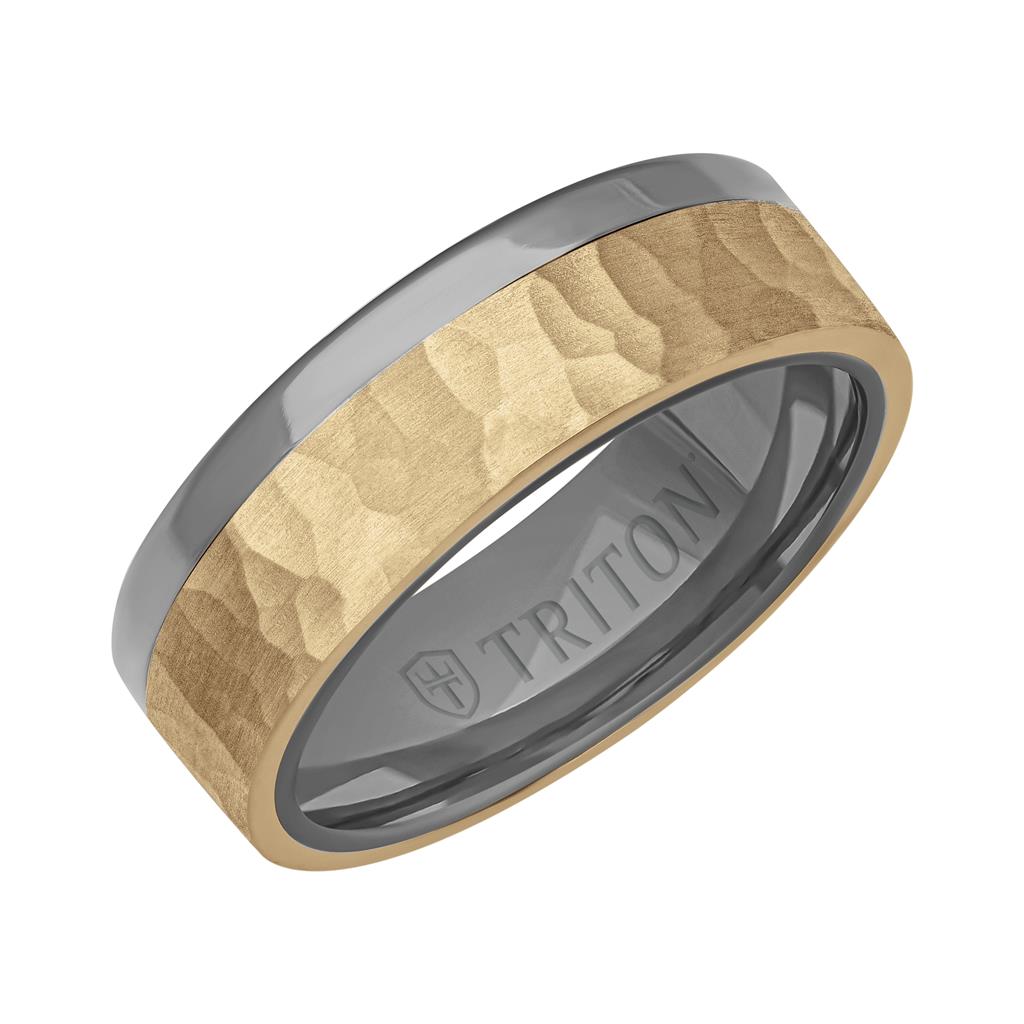 7MM Polished Tantalum Ring - Asymmetrical 14K Gold with Hammered Finish Inlay and Flat Edge