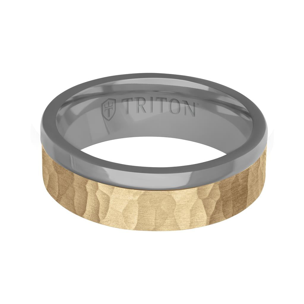7MM Polished Tantalum Ring - Asymmetrical 14K Gold with Hammered Finish Inlay and Flat Edge